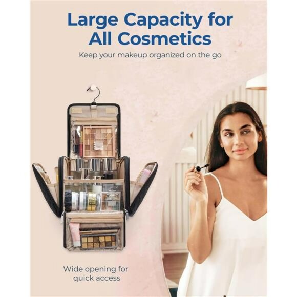 Black Hanging Makeup Bag Travel Organizer Large Cosmetic Toiletry Case Women - Picture 3 of 7